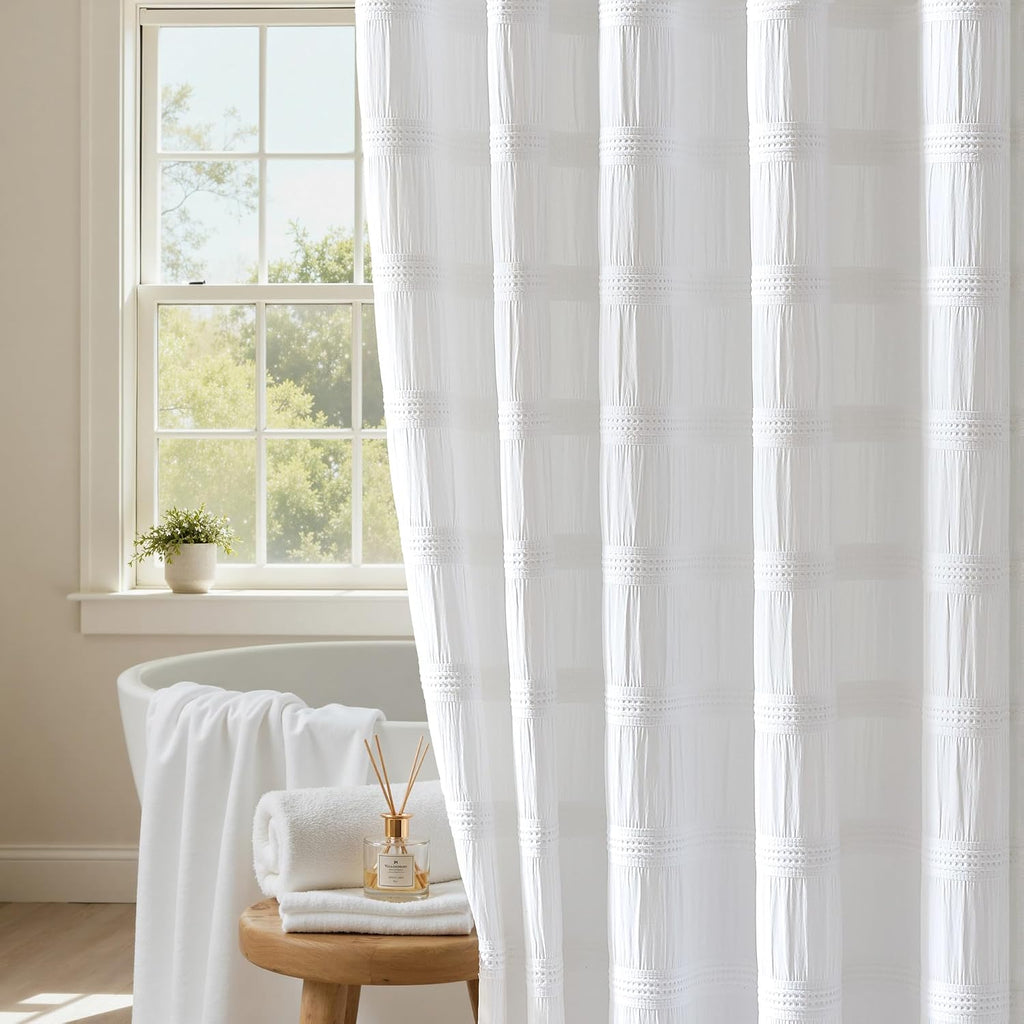 Striped Waffle White Fabric Shower Curtain