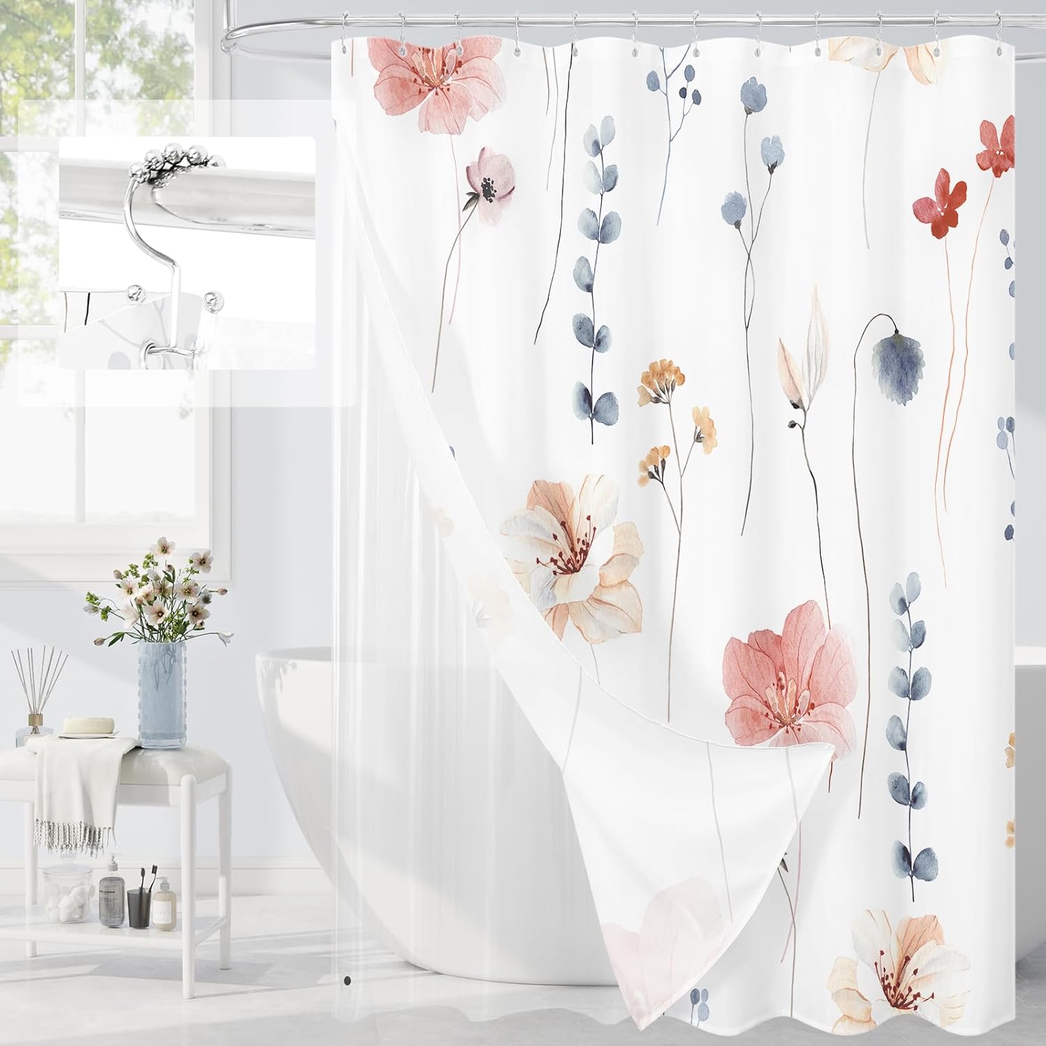 Sage Green Floral Shower Curtain Set