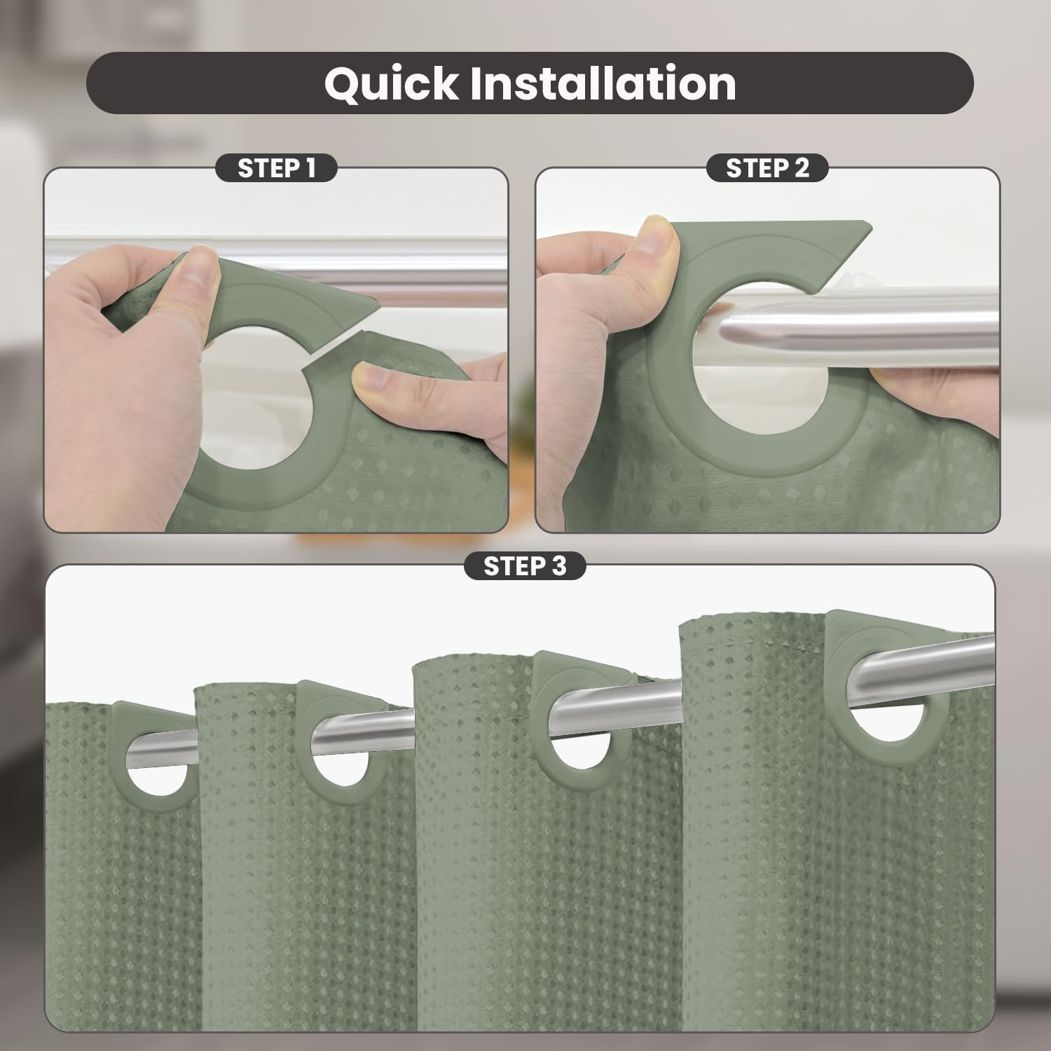 Waffle Weave Sage Green No Hook Shower Curtain Set