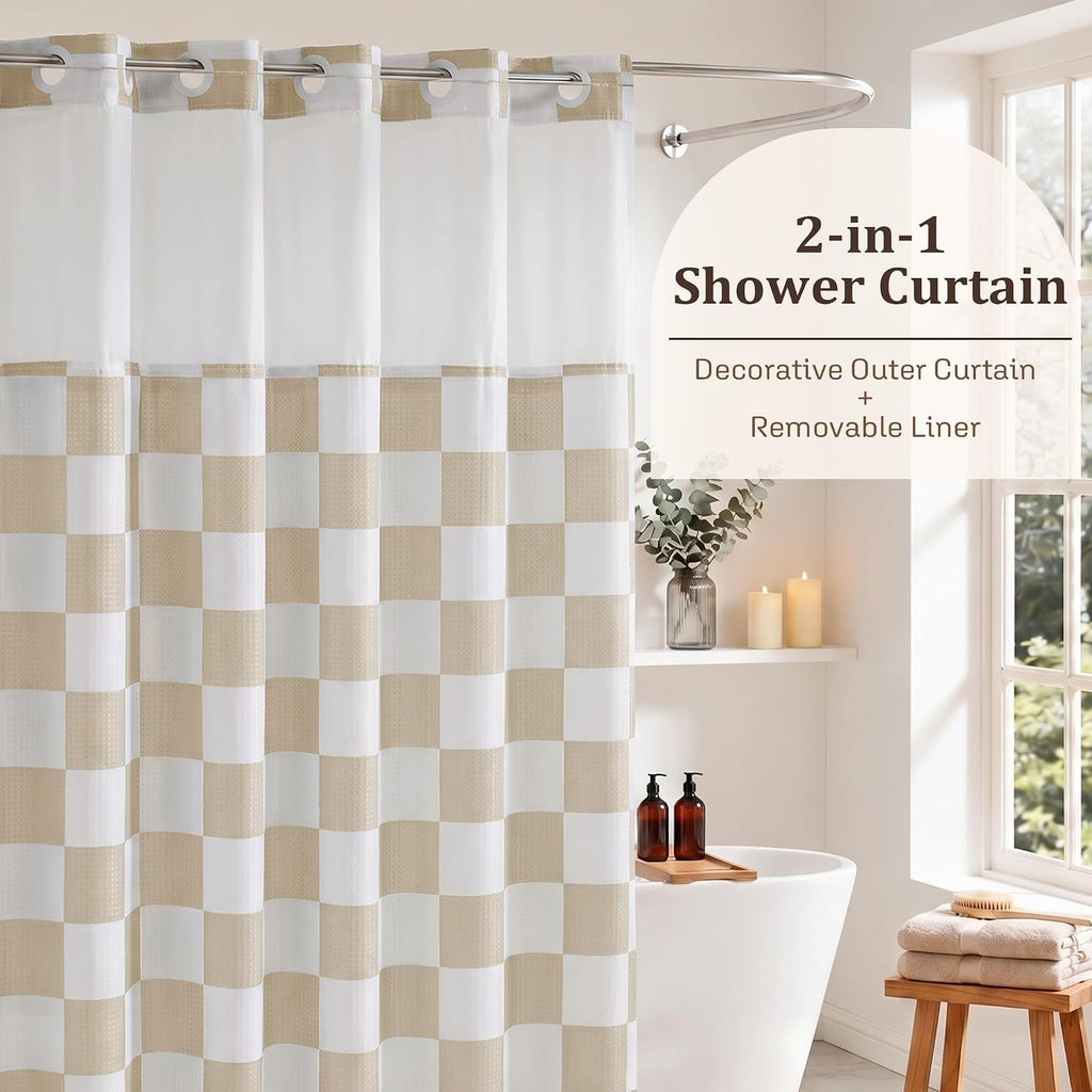 Beige Checkerboard Hookless Shower Curtain Set