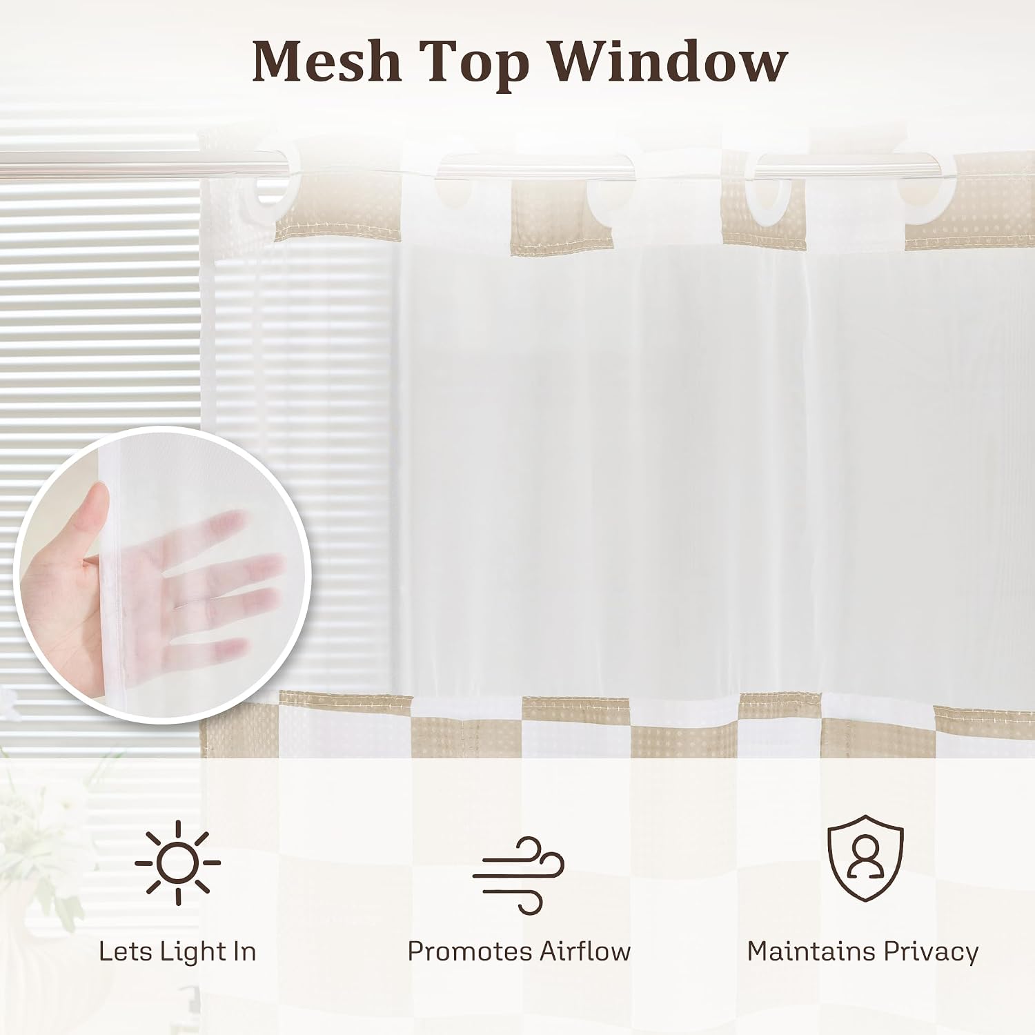 Beige Checkerboard Hookless Shower Curtain Set