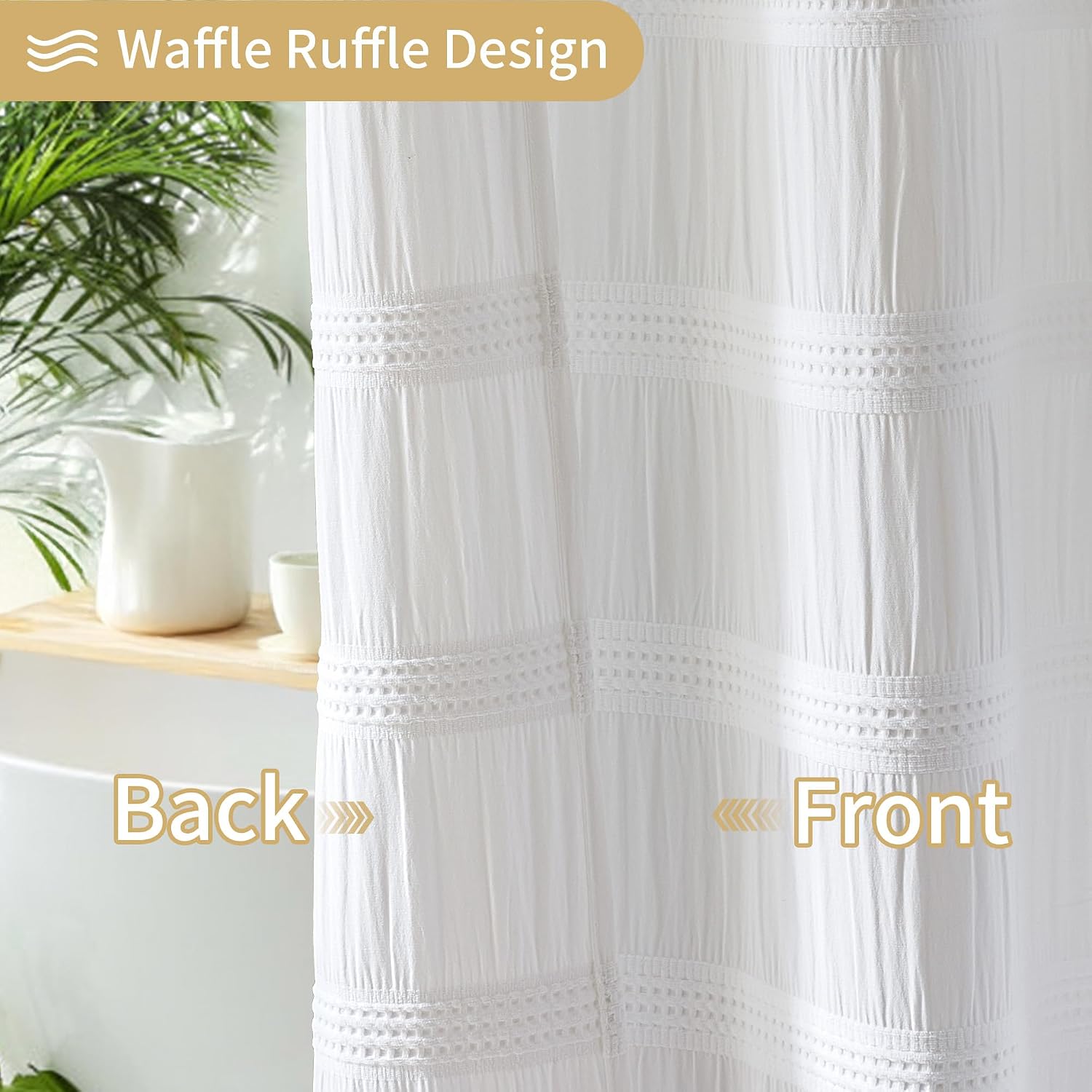 Striped Waffle White Fabric Shower Curtain