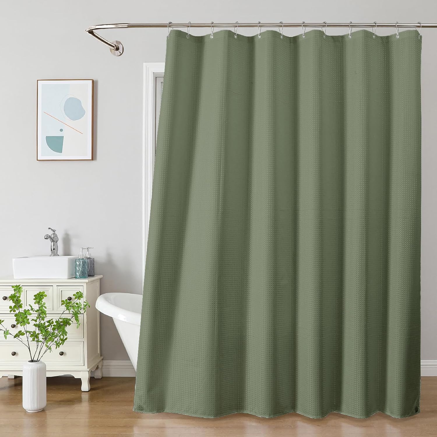 Waffle Weave Sage Green Shower Curtain