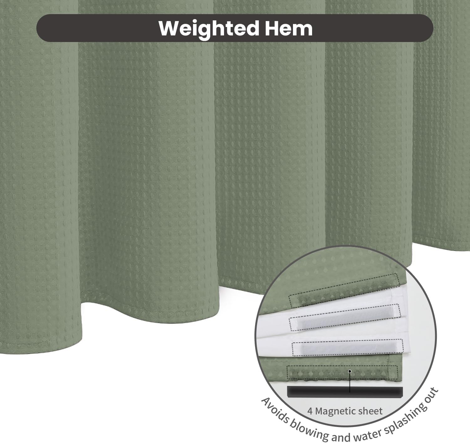 Waffle Weave Sage Green No Hook Shower Curtain Set
