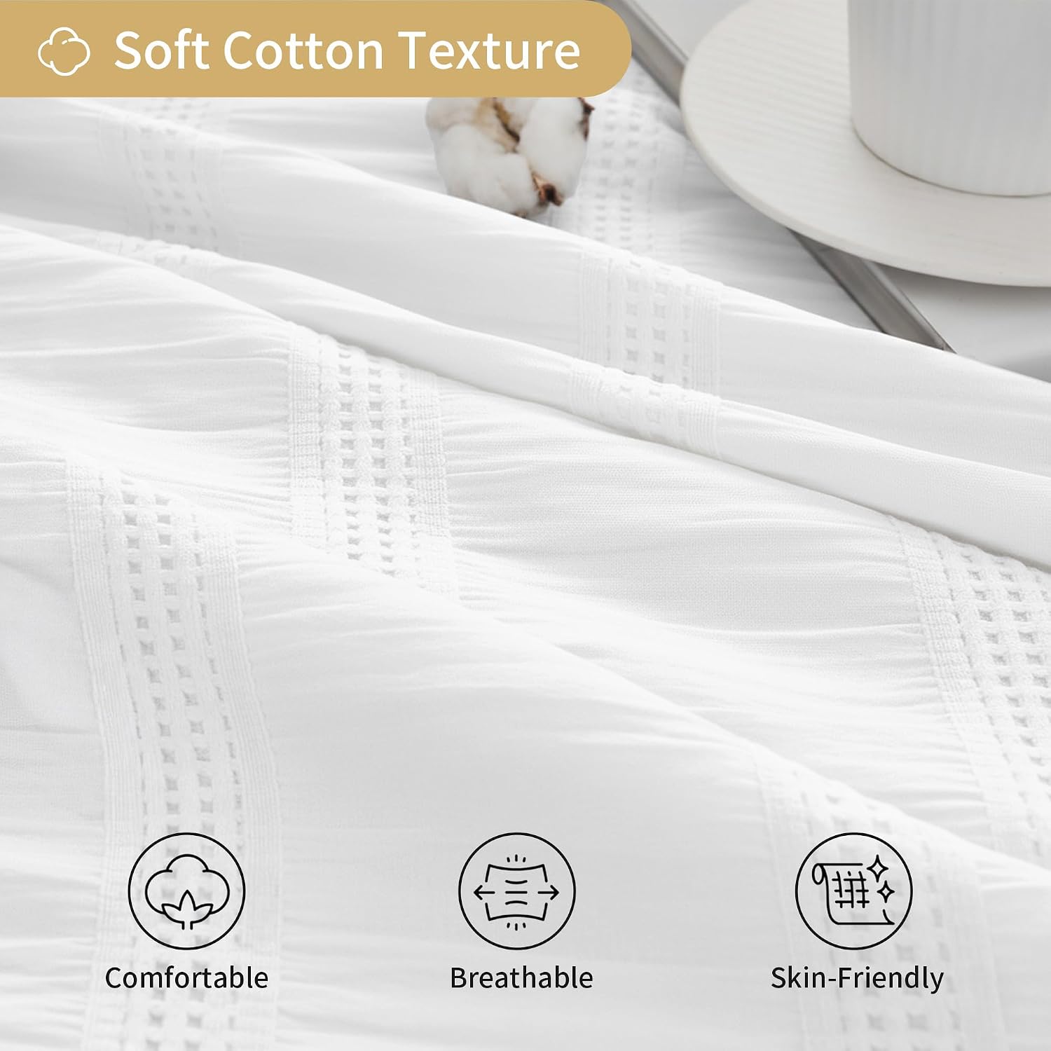 Striped Waffle White Fabric Shower Curtain