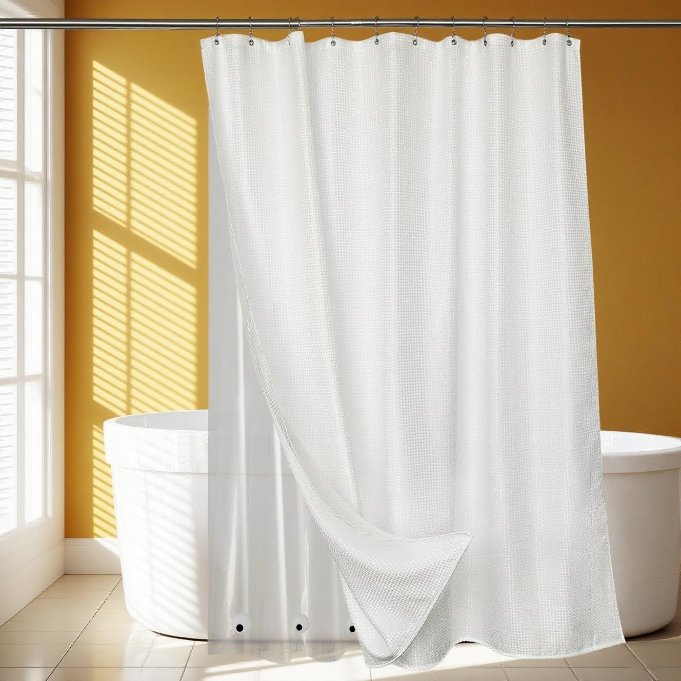 White Waffle Fabric Shower Curtain Set