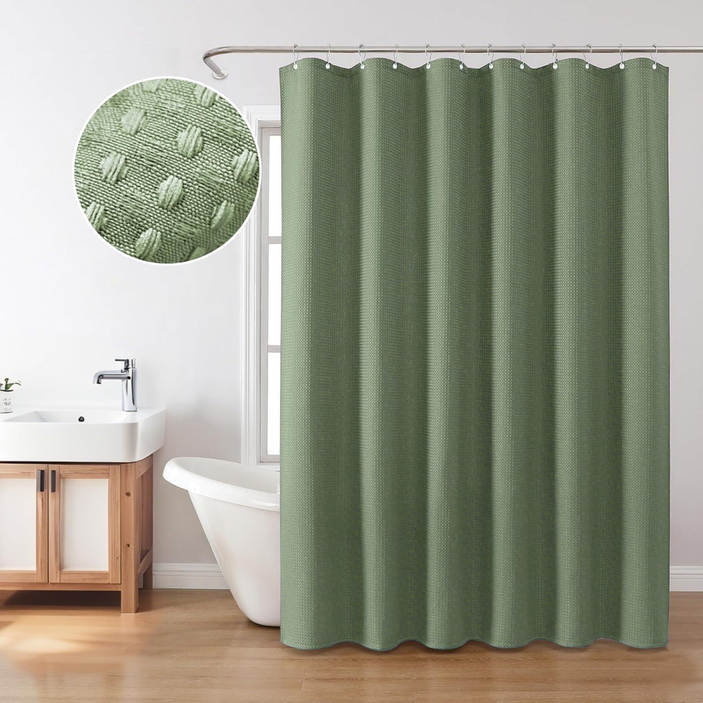 Waffle Weave Sage Green Shower Curtain Set