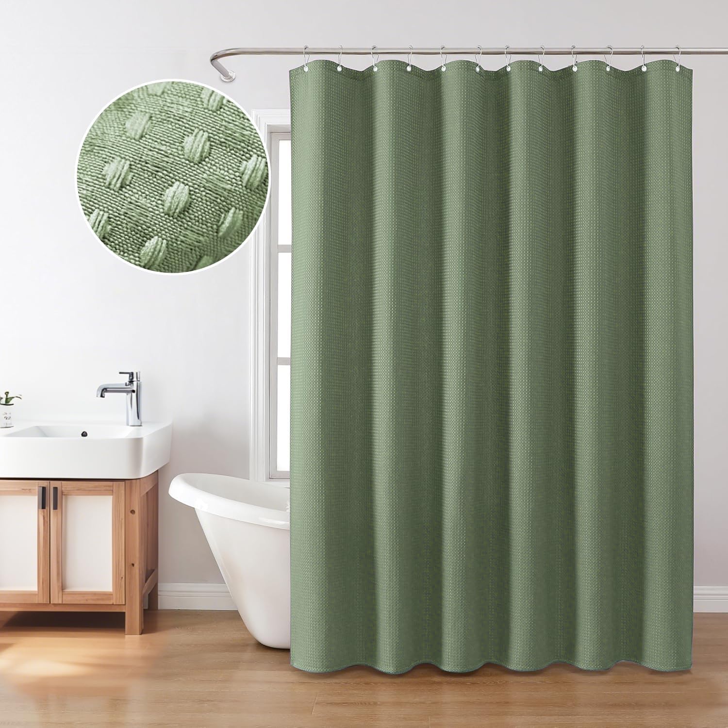 Waffle Weave Sage Green Shower Curtain Set