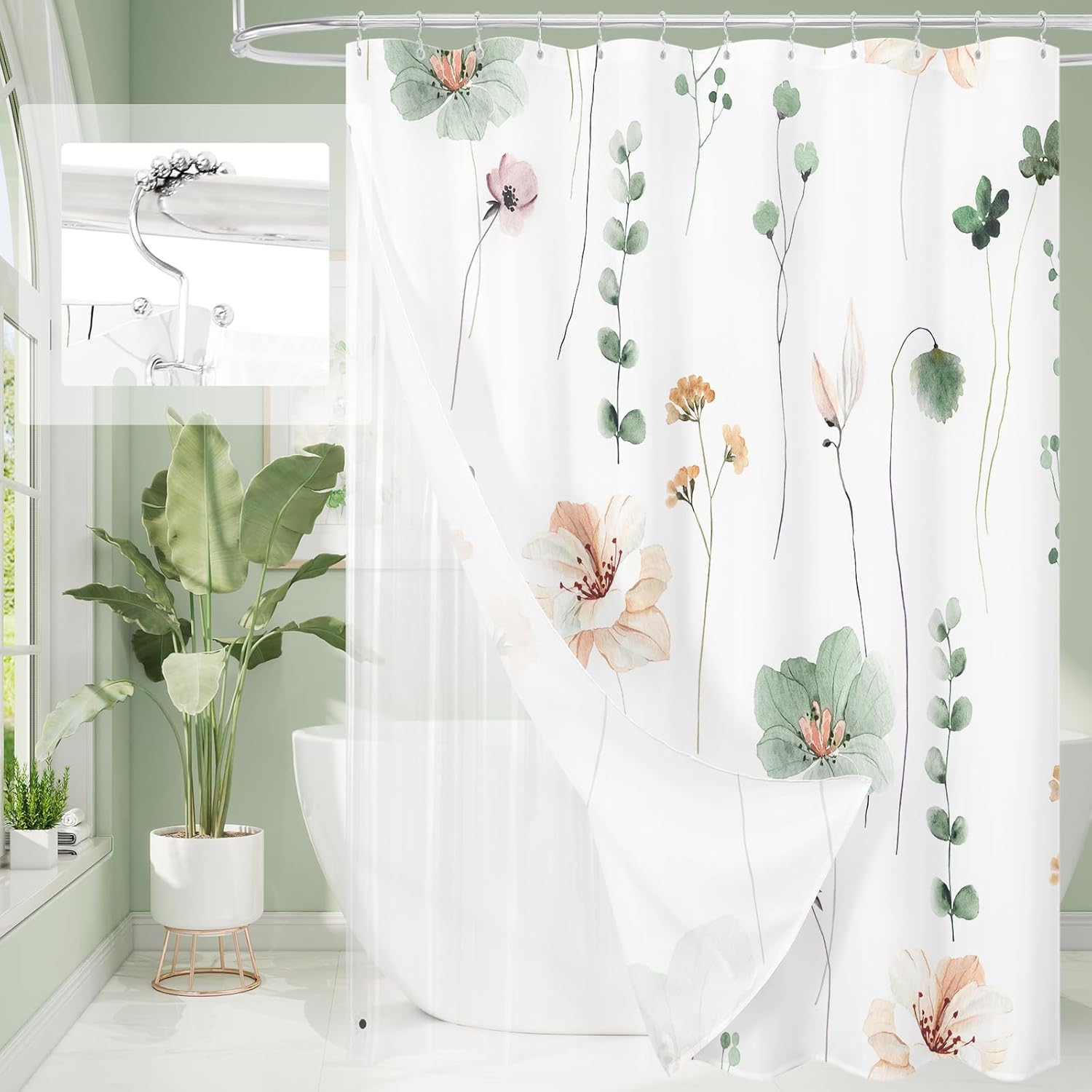 Sage Green Floral Shower Curtain Set