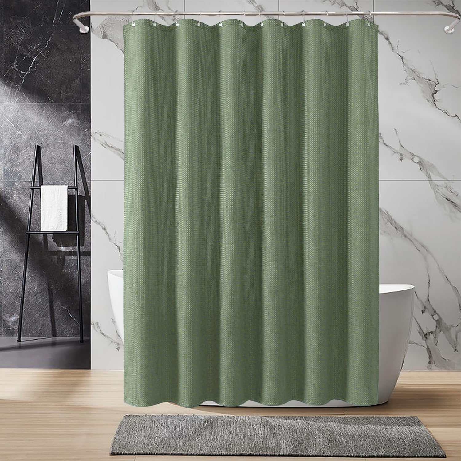 Waffle Weave Sage Green Shower Curtain Set