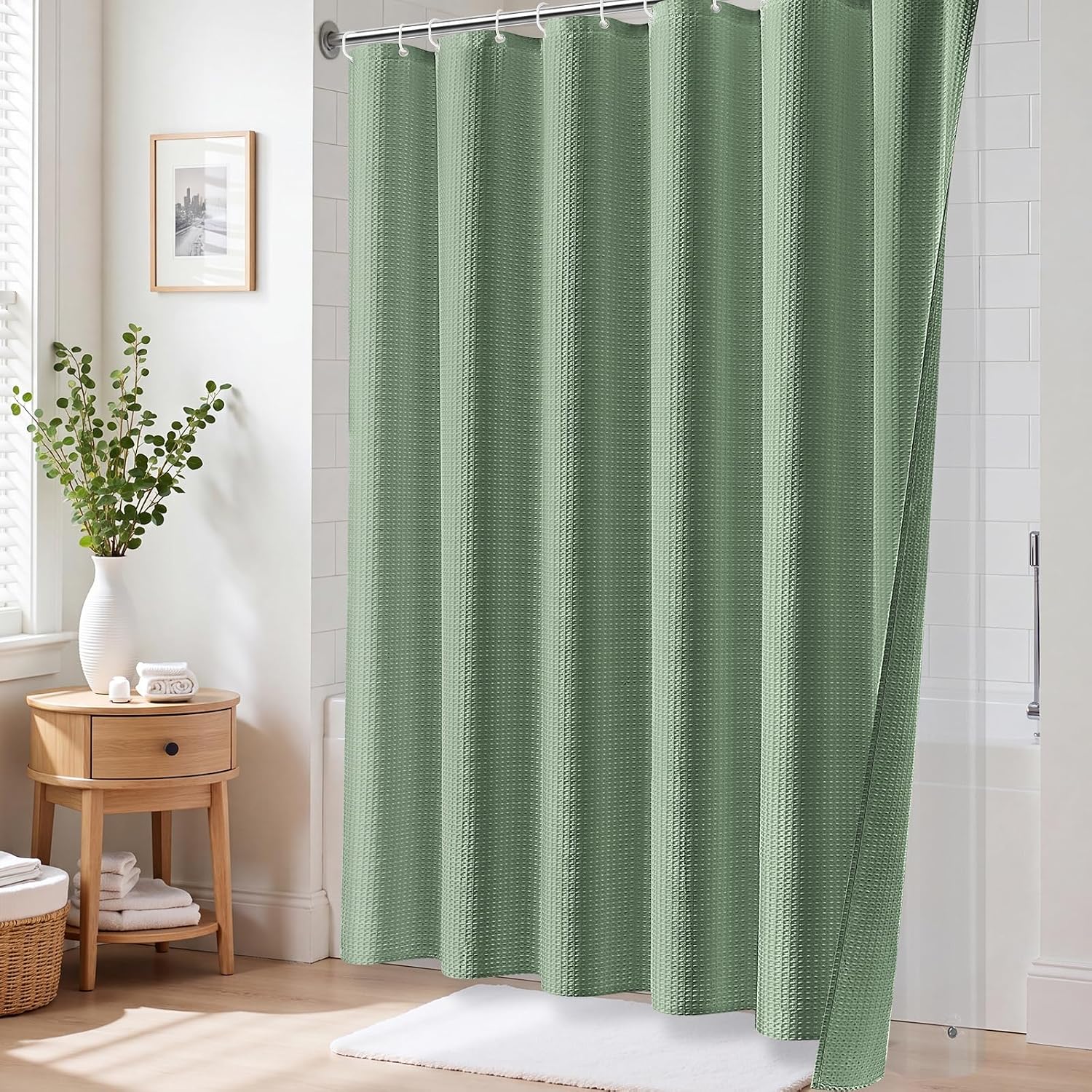 Waffle Sage Green Shower Curtain Set