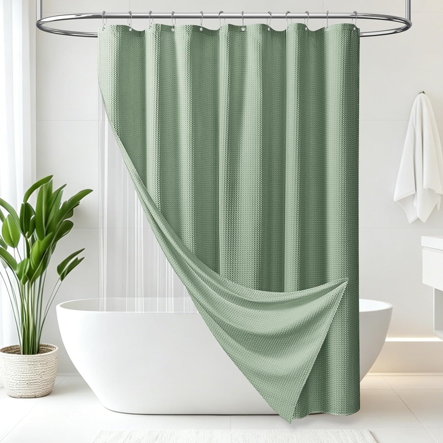 Waffle Sage Green Shower Curtain Set