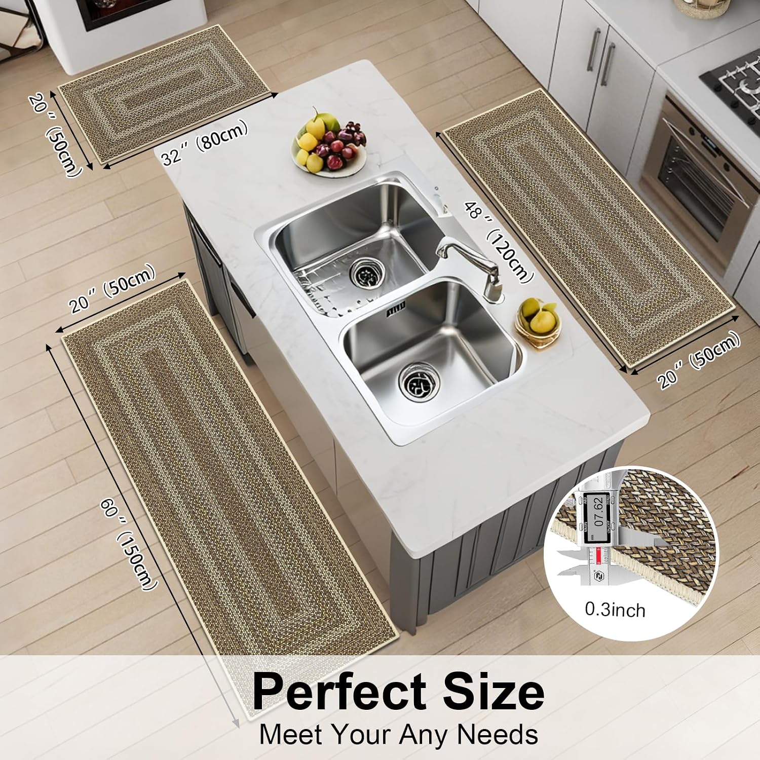 Border Faux Braided Faux Jute Kitchen Rug Set