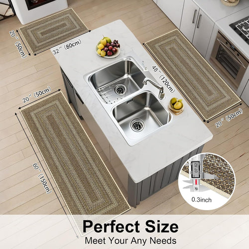 Border Faux Braided Faux Jute Kitchen Rug Set