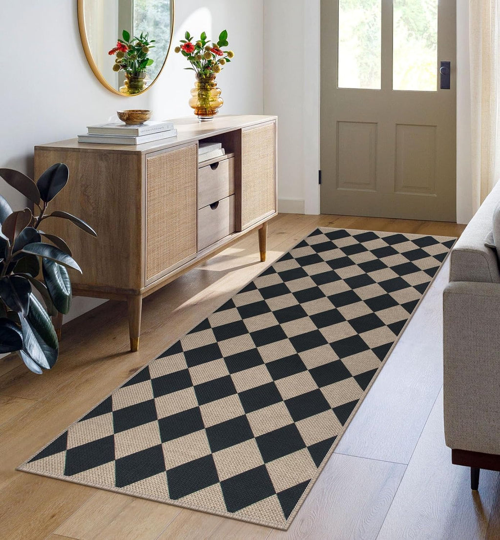 Checkered Black Jute Runner Rug