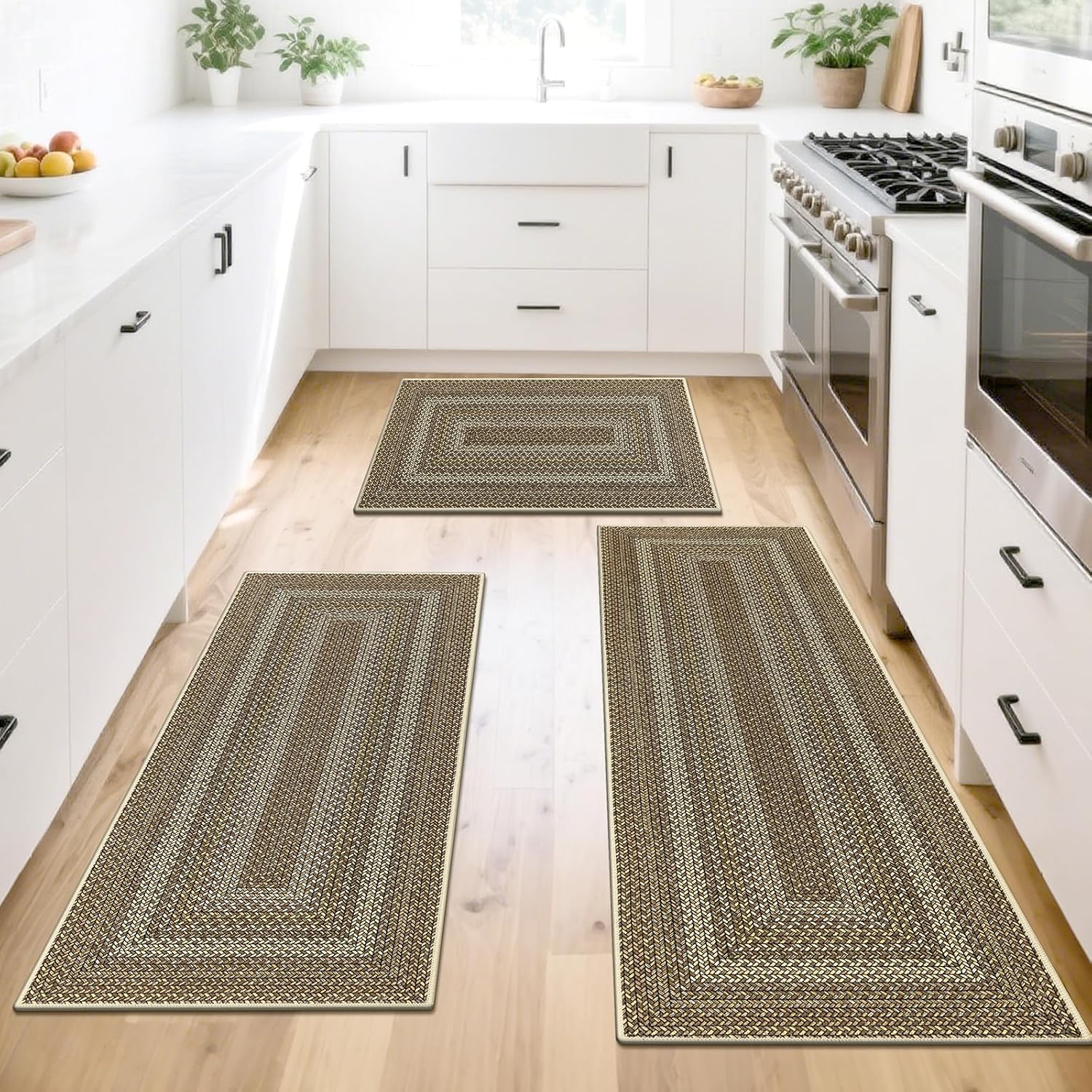 Border Faux Braided Faux Jute Kitchen Rug Set