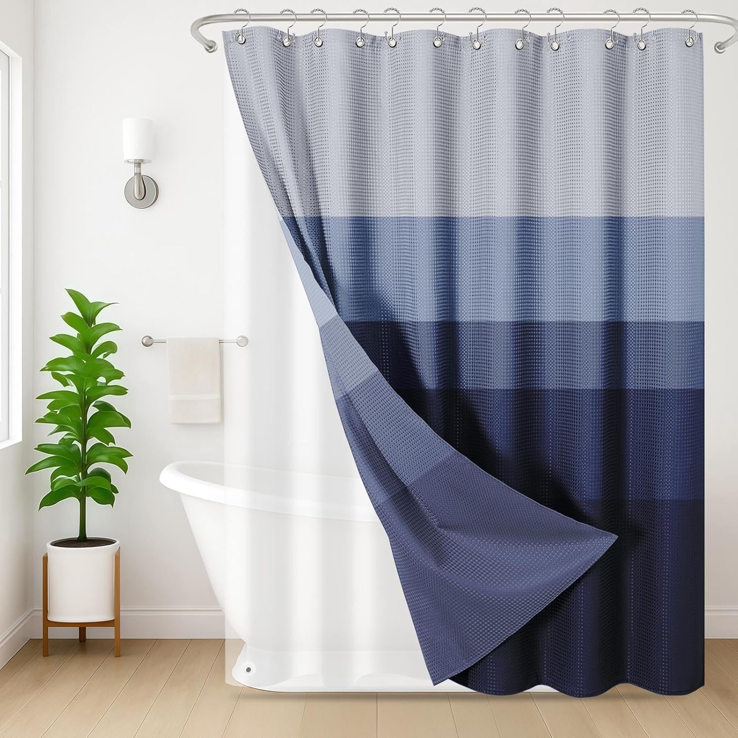 Striped Navy Blue Shower Curtain Set