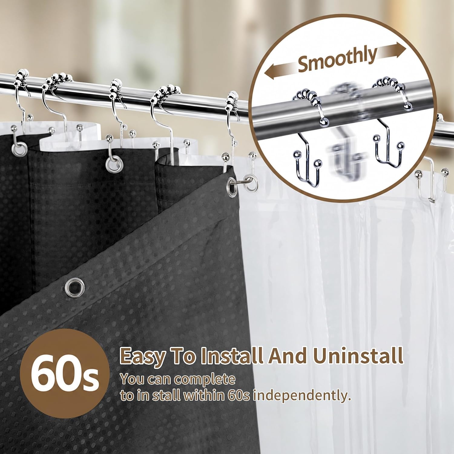 Waffle Black Fabric Shower Curtain Set