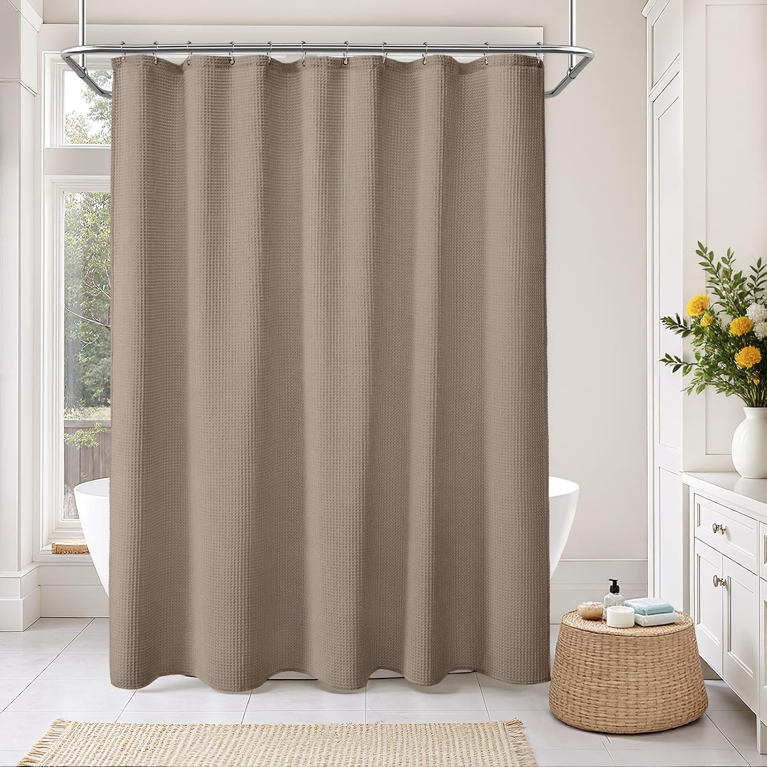 Waffle Weave Beige Fabric Shower Curtain