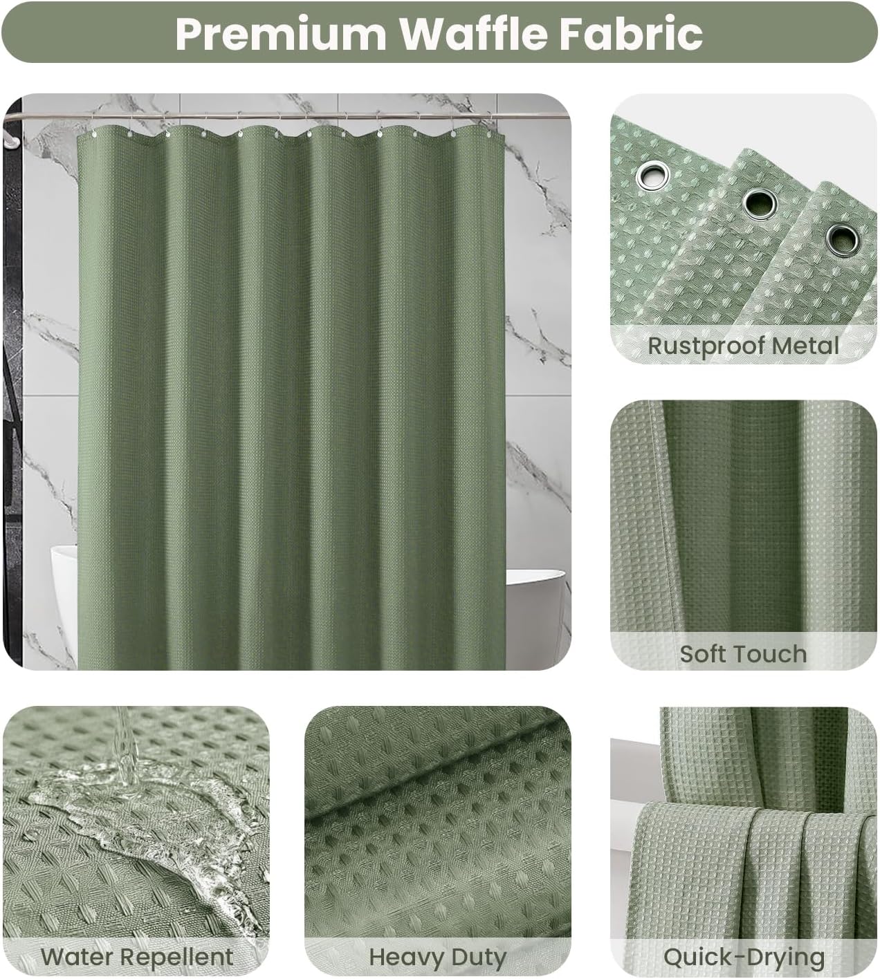 Waffle Weave Sage Green Shower Curtain Set