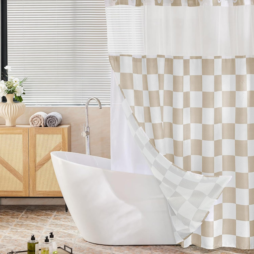 Beige Checkerboard Hookless Shower Curtain Set