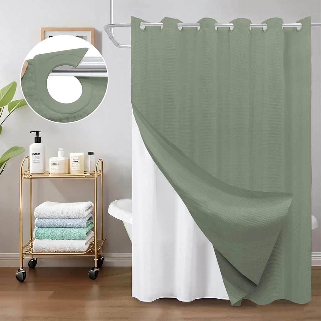 Waffle Weave Sage Green No Hook Shower Curtain Set