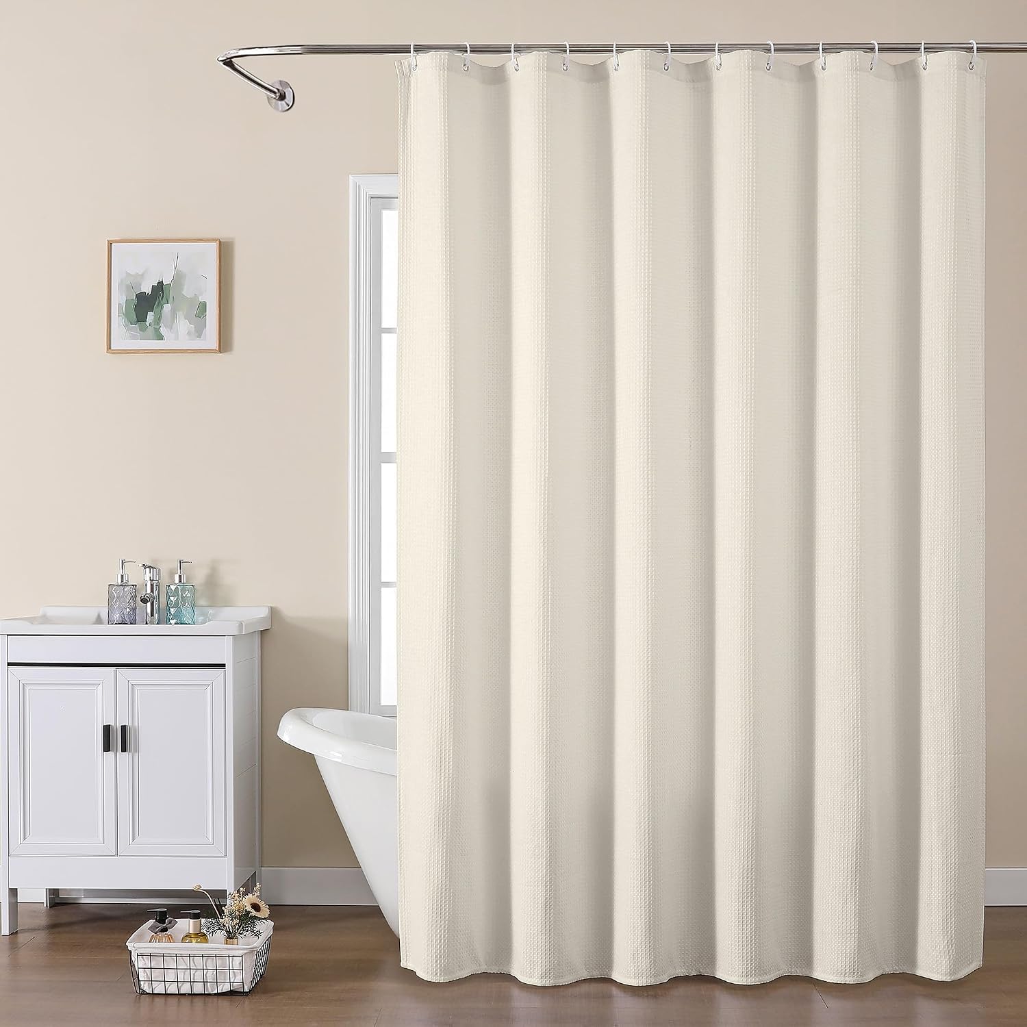 Waffle Weave Cream Extra Long Shower Curtain Set