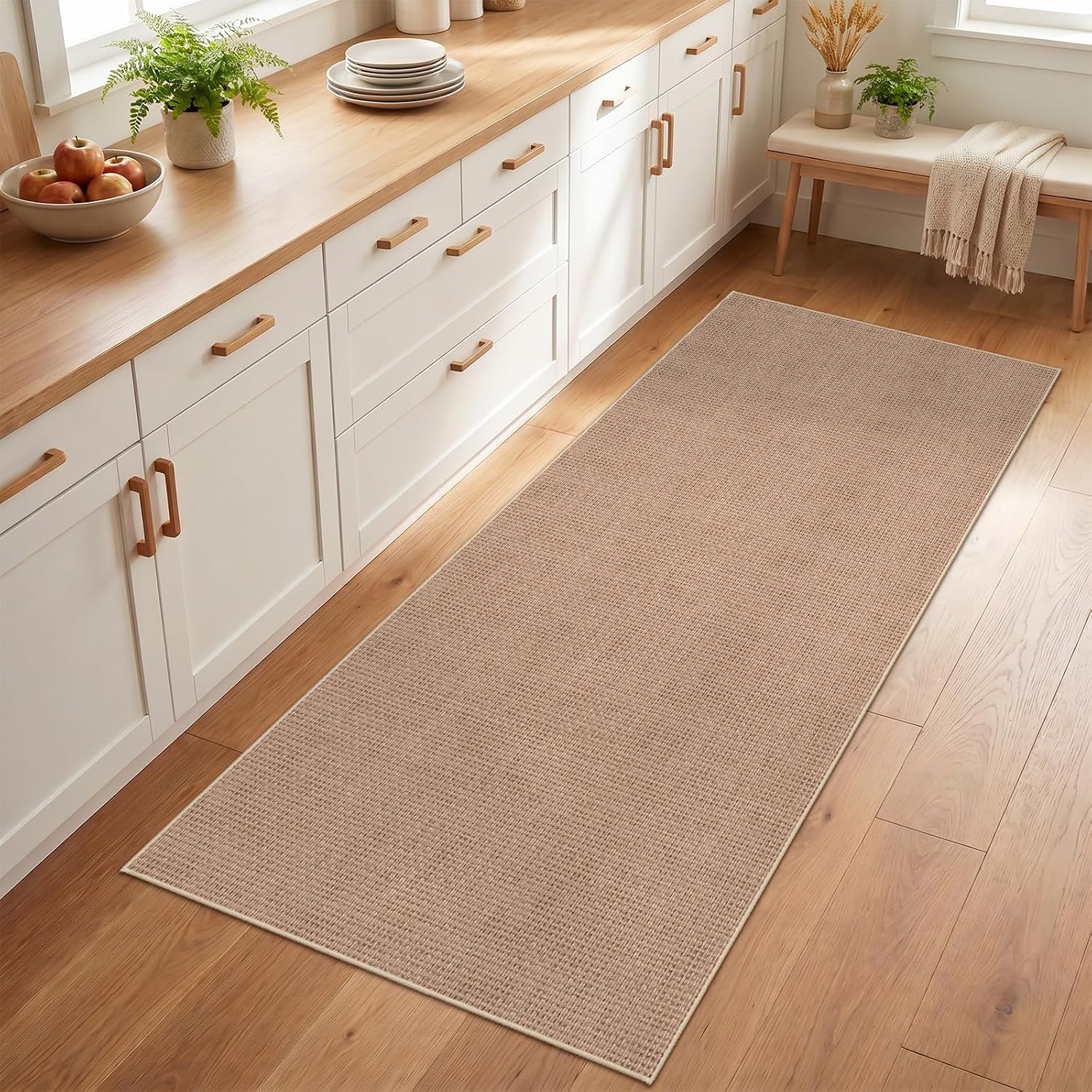 Solid Beige Faux Jute Runner Rug