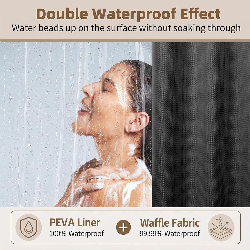 Waffle Black Fabric Shower Curtain Set
