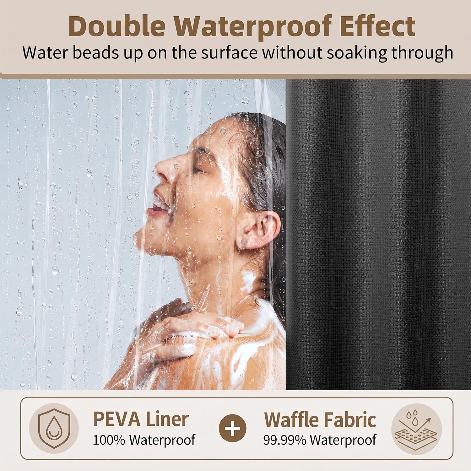 Waffle Black Fabric Shower Curtain Set