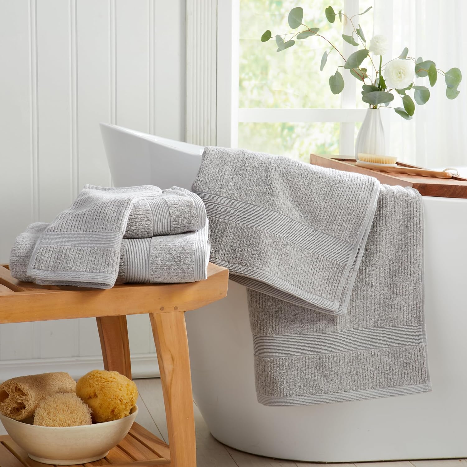 Grey Ribbed Cotton Bath Towel Set