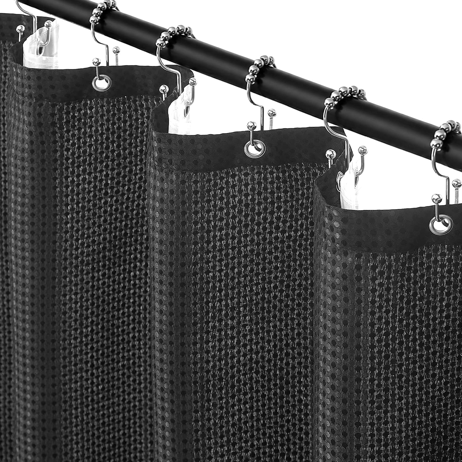 Waffle Black Fabric Shower Curtain Set