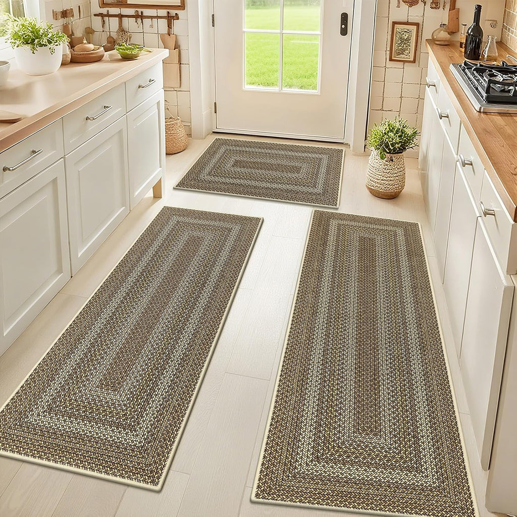 Border Faux Braided Faux Jute Kitchen Rug Set