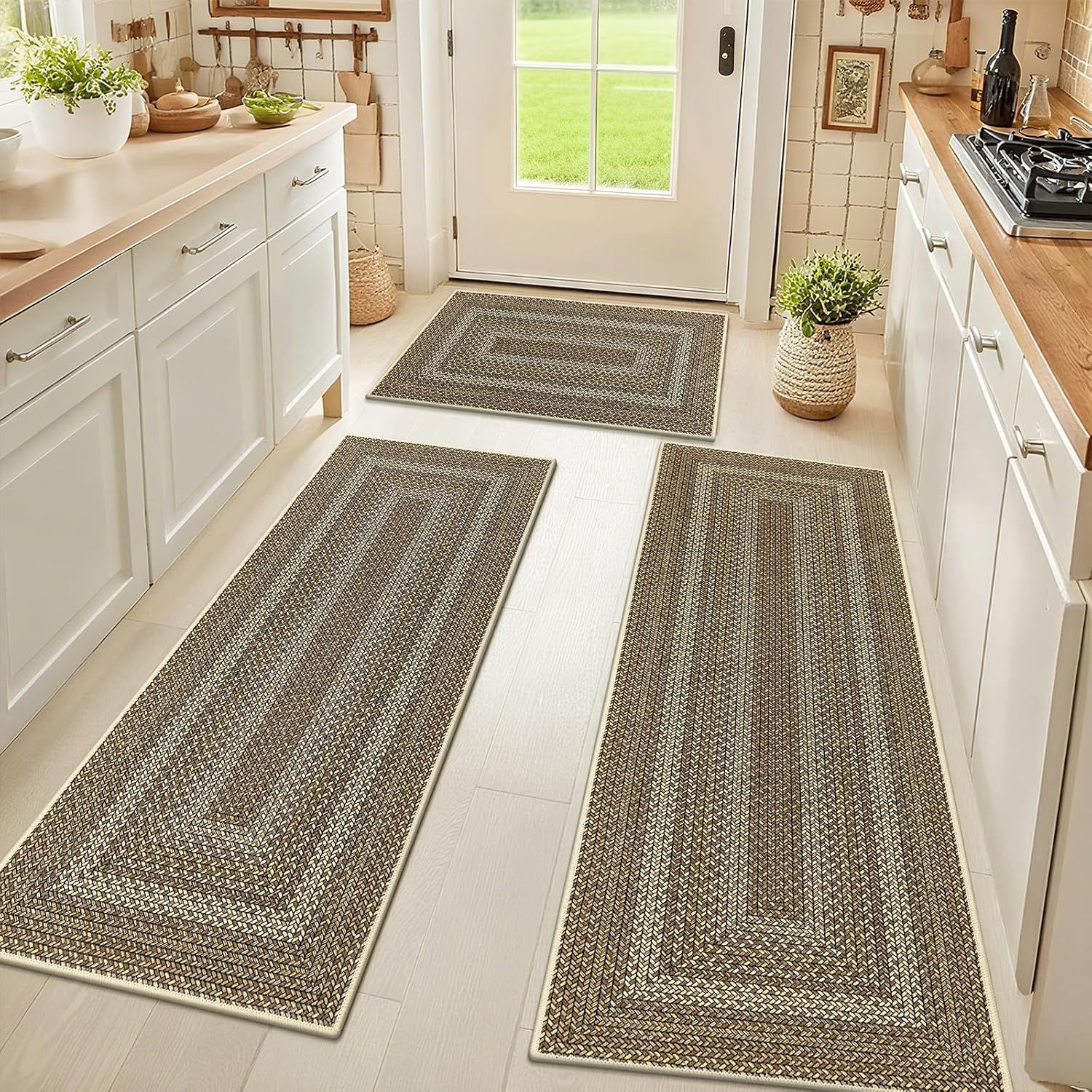 Border Faux Braided Faux Jute Kitchen Rug Set