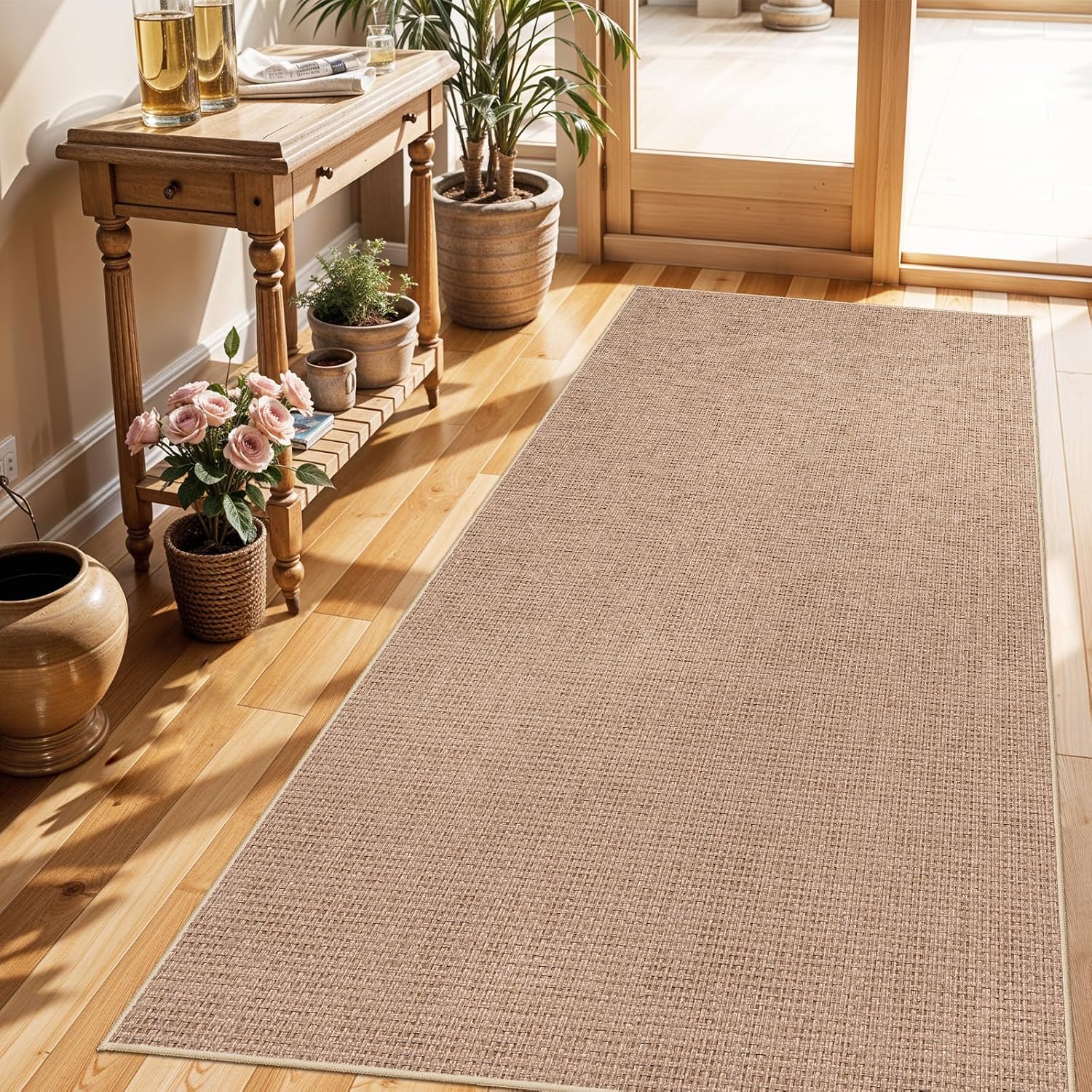 Solid Beige Faux Jute Runner Rug