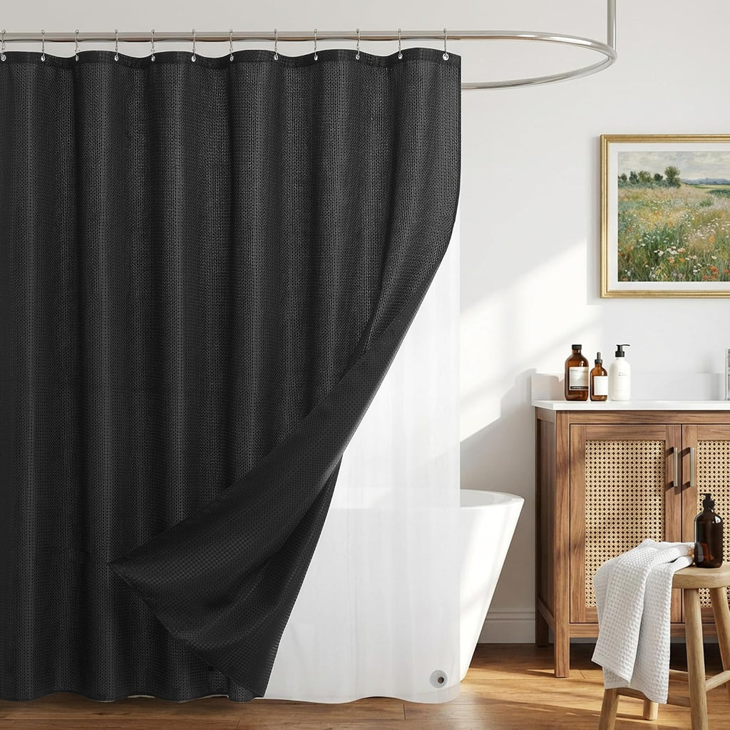 Waffle Black Fabric Shower Curtain Set