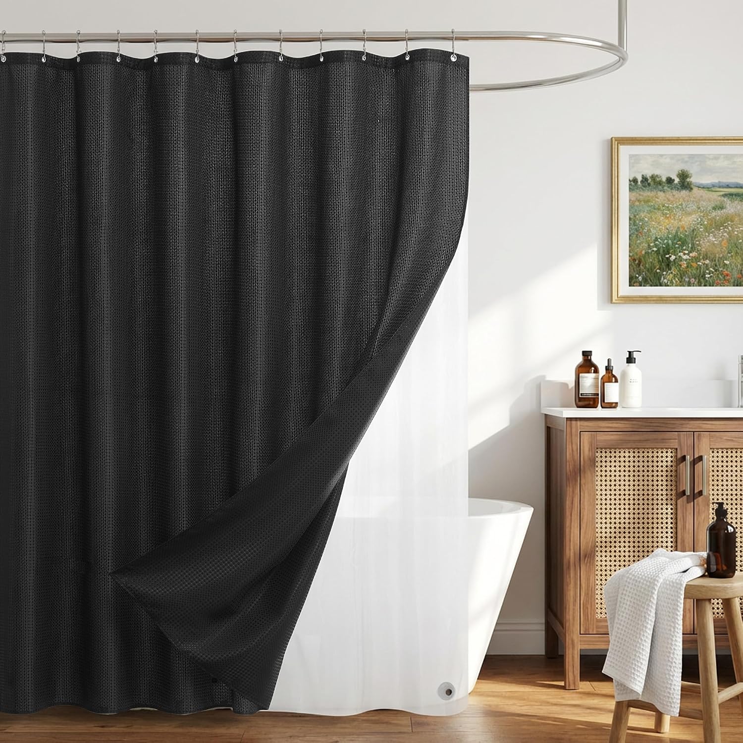 Waffle Black Fabric Shower Curtain Set