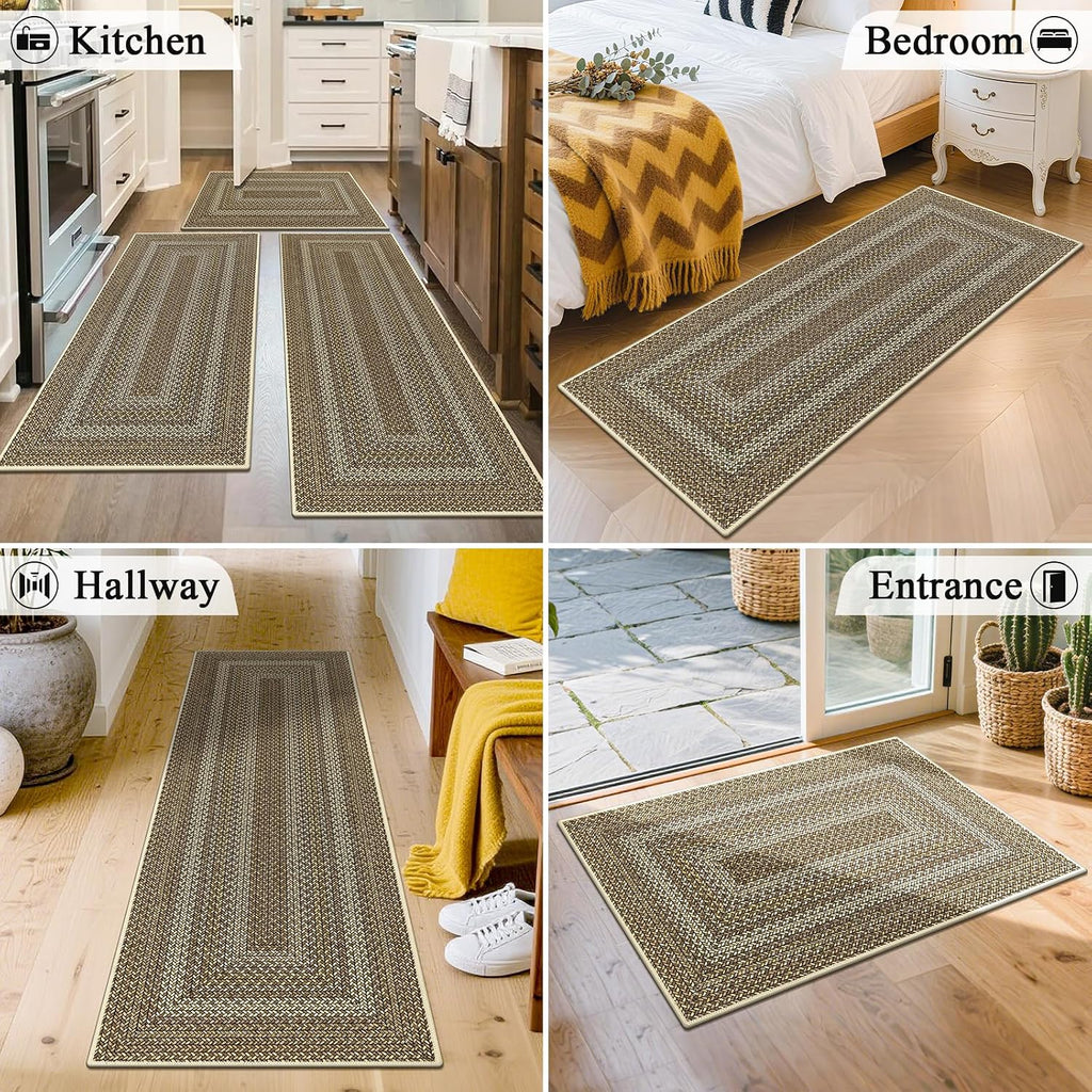 Border Faux Braided Faux Jute Kitchen Rug Set