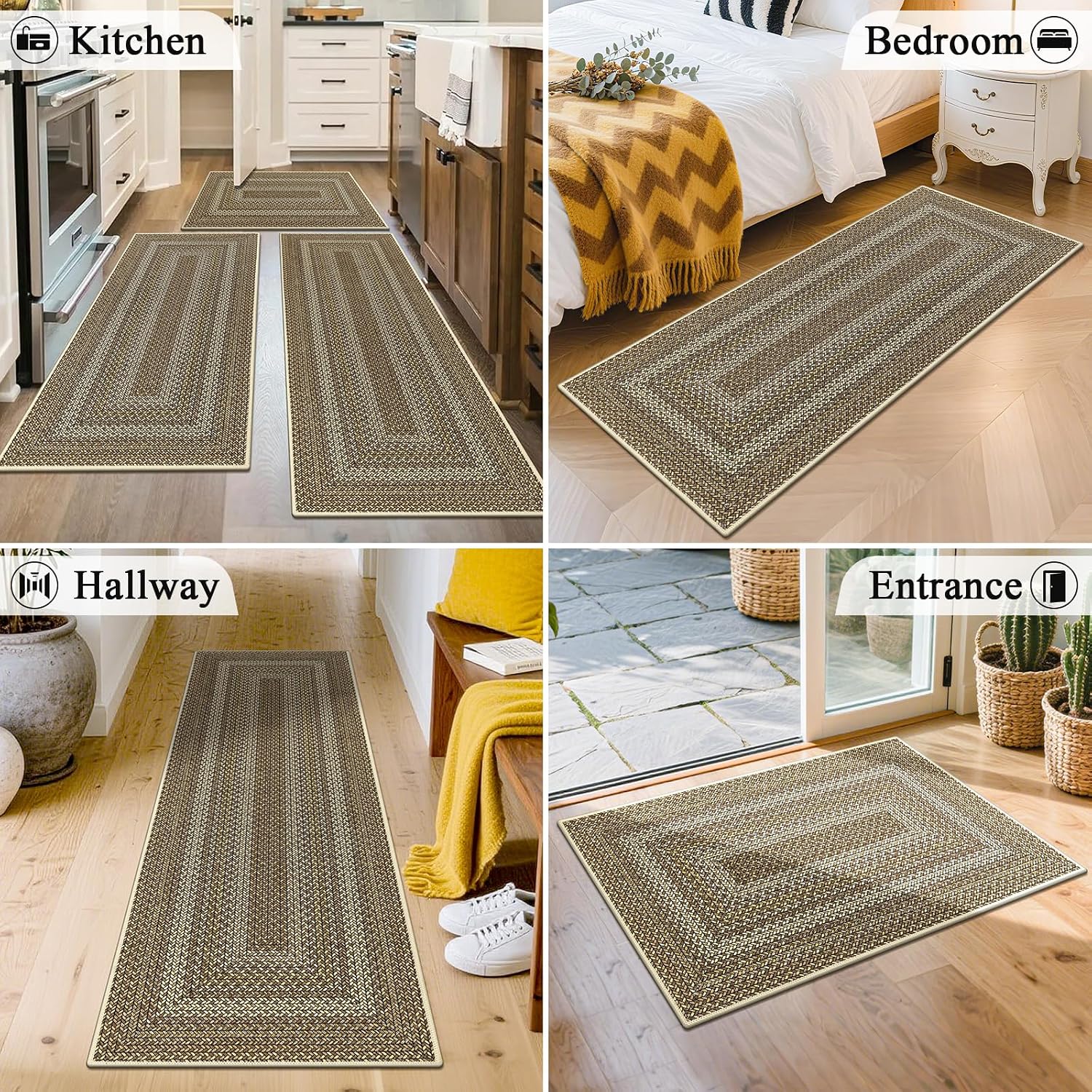 Border Faux Braided Faux Jute Kitchen Rug Set